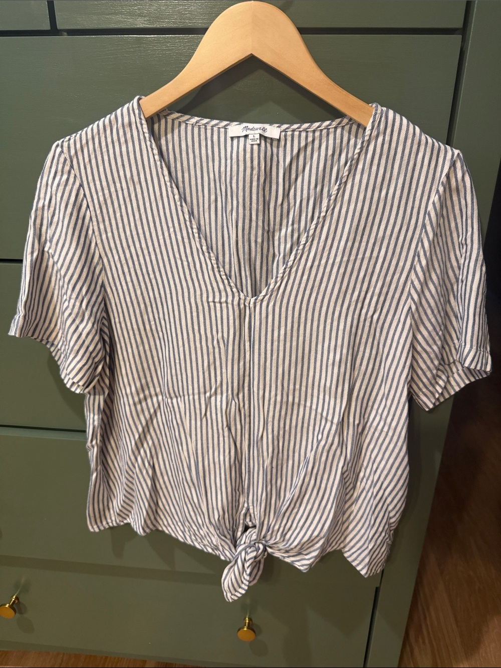 Madewell Blue and White Striped V-Neck Tie-Front Top